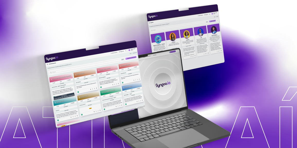 Telas da plataforma Syngoo.ia com a base de conhecimento e os agentes de IA abertos em notebook