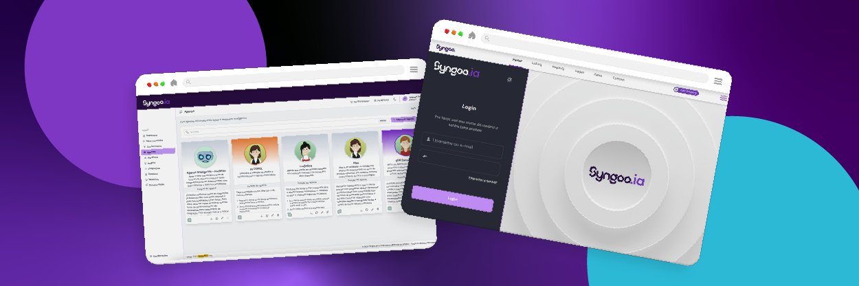 Painéis da Syngoo.ia: base de atendimento inteligente e tela de login da plataforma