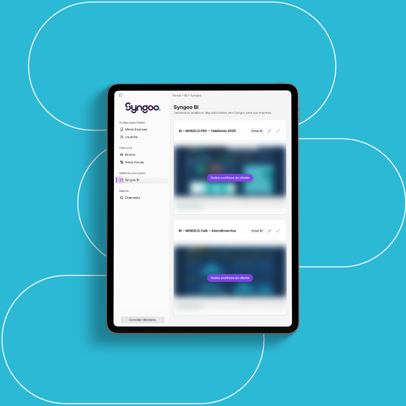 Tela do Syngoo BI dentro do Portal do Cliente, com o menu de boletos, notas fiscais e chamados