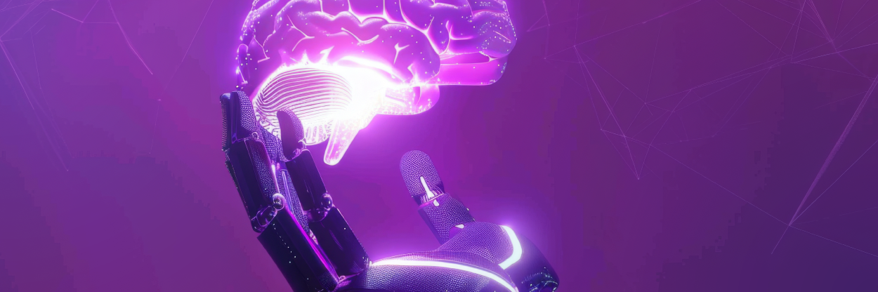 Mão robótica segurando um cérebro luminoso, ilustrando a IA que responde com o histórico do cliente